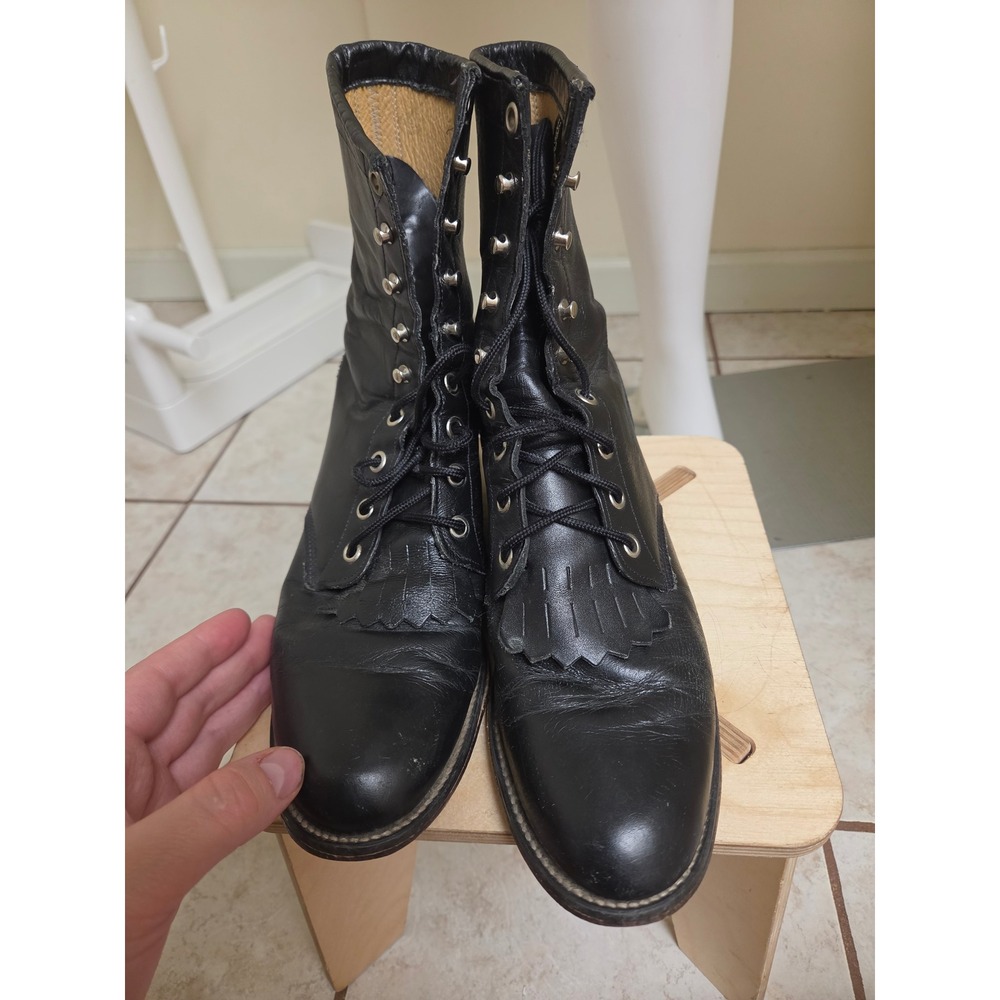 Justin L0506 Mens Black Leather Kiltie Lace Up Western Work Boots Size 8 B - Picture 3 of 12